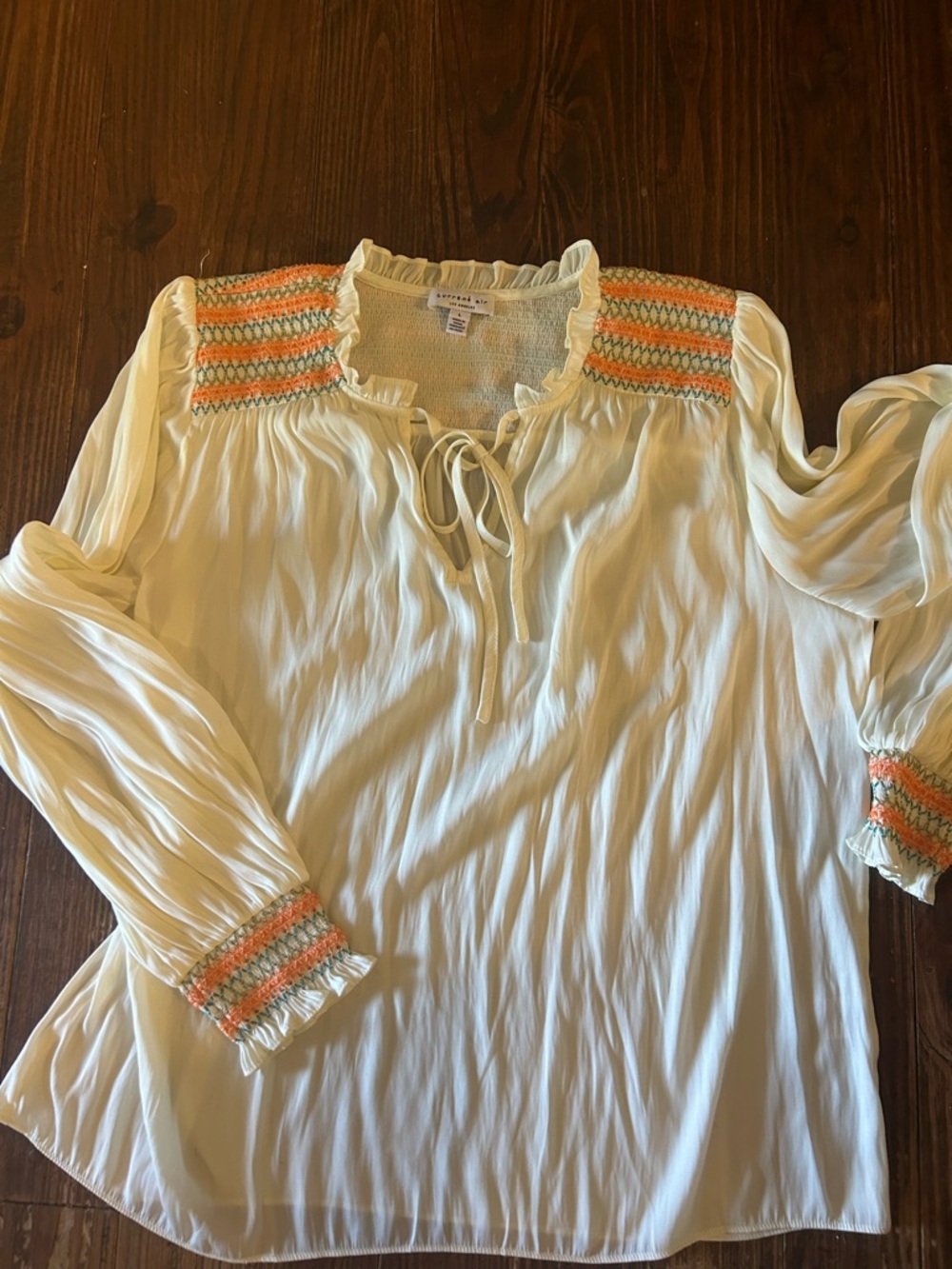 Current Air Cream Tie Front Blouse Orange Green Aqua Smocking Boho Lt Weight SzL